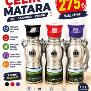 1.5 Litre Çocuk Çelik Matara – 304 Paslanmaz Çelik, Sızdırmaz Kapaklı, Askılı