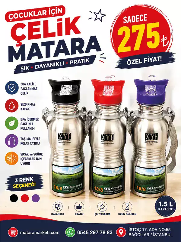 1.5 Litre Çocuk Çelik Matara – 304 Paslanmaz Çelik, Sızdırmaz Kapaklı, Askılı