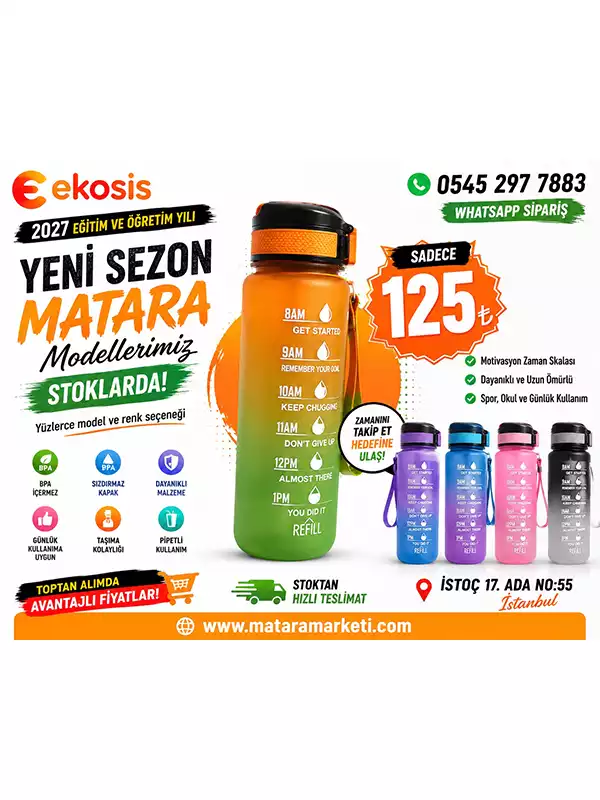 1000 ML Motivasyon Matarası | Pipetli Askılı BPA Free Spor Suluk