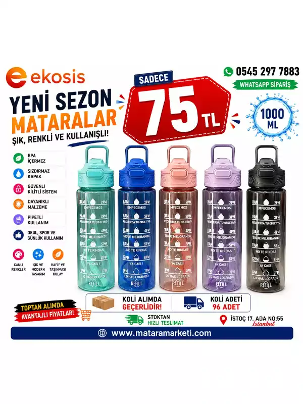 1000 ML Motivasyon Matarası | Pipetli Kilitli BPA Free Spor Suluk