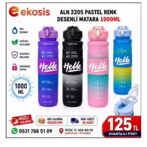1000 ML Pastel Renk Motivasyon Matarası | Pipetli BPA Free Spor Suluk
