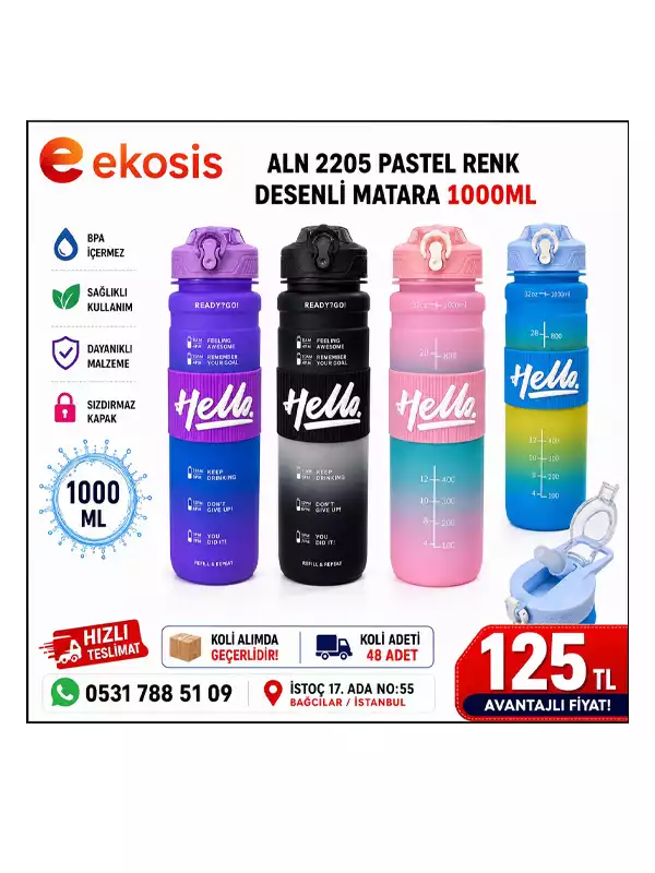 1000 ML Pastel Renk Motivasyon Matarası | Pipetli BPA Free Spor Suluk
