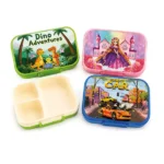 3 Bölmeli Çocuk Beslenme Kabı Lunch Box – Dinozor, Prenses ve Araba Desenli