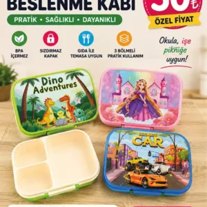 3 Bölmeli Çocuk Beslenme Kabı Lunch Box – Dinozor, Prenses ve Araba Desenli