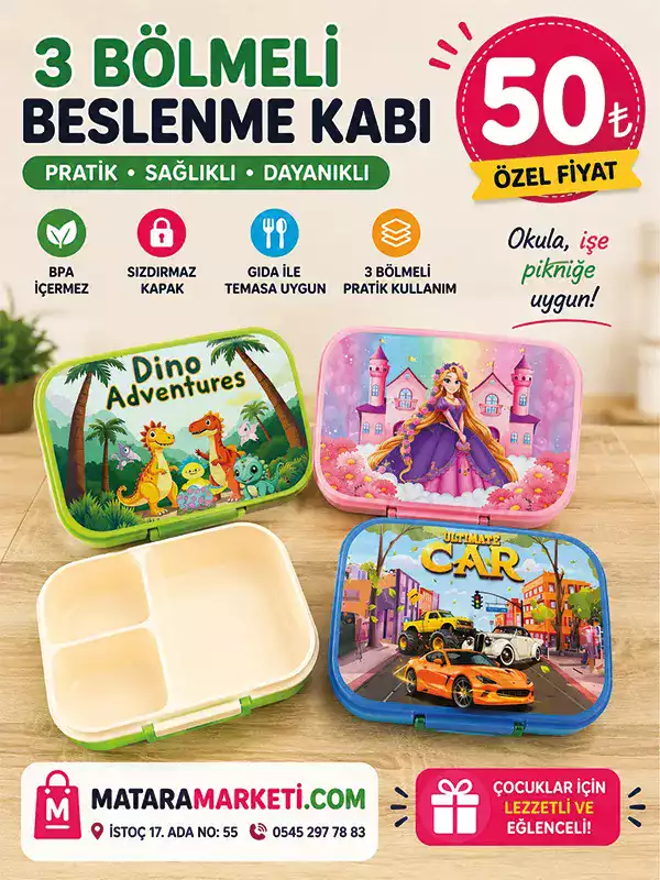 3 Bölmeli Çocuk Beslenme Kabı Lunch Box – Dinozor, Prenses ve Araba Desenli