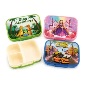 3 Bölmeli Çocuk Beslenme Kabı Lunch Box – Dinozor, Prenses ve Araba Desenli