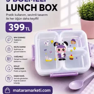3 Bölmeli Çocuk Lunch Box – Sevimli Desenli Kaşıklı Bento Beslenme Kabı