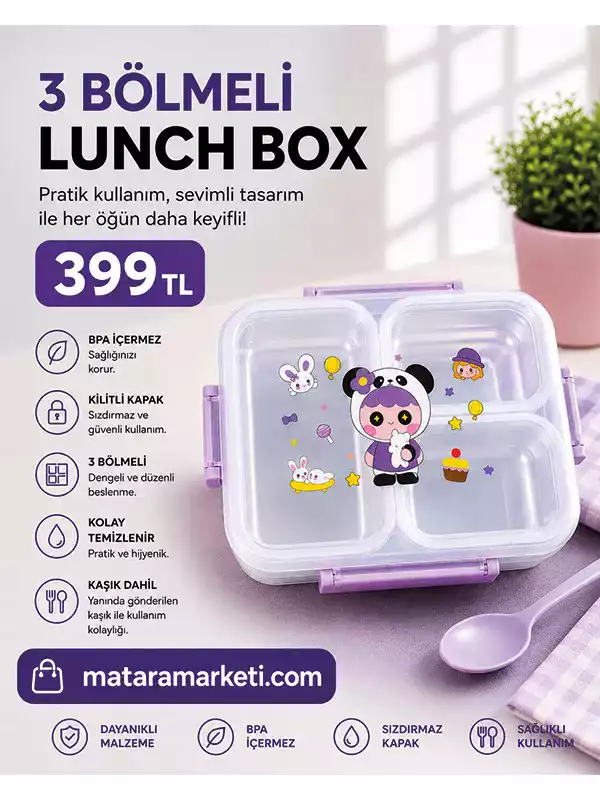 3 Bölmeli Çocuk Lunch Box – Sevimli Desenli Kaşıklı Bento Beslenme Kabı