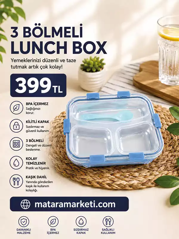 3 Bölmeli Lunch Box Yemek Kabı – Sızdırmaz Kaşıklı Bento Beslenme Kabı