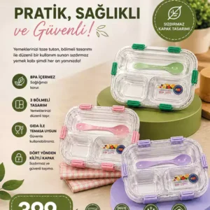 3 Bölmeli Sızdırmaz Lunch Box Yemek Kabı – Kaşıklı Bento Beslenme Kabı