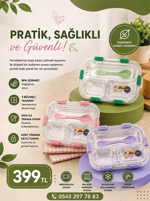 3 Bölmeli Sızdırmaz Lunch Box Yemek Kabı – Kaşıklı Bento Beslenme Kabı