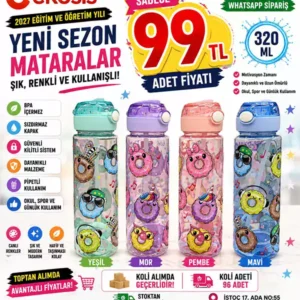 320 ml Desenli Çocuk Matarası – Pipetli, Kilitli Kapaklı Donut Desenli Su Matarası