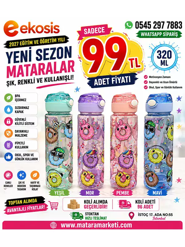 320 ml Desenli Çocuk Matarası – Pipetli, Kilitli Kapaklı Donut Desenli Su Matarası
