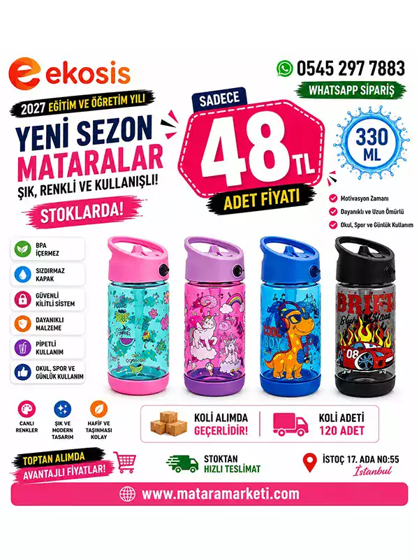 330 ml Çocuk Matarası – Pipetli, Sızdırmaz Kapaklı Renkli Su Matarası