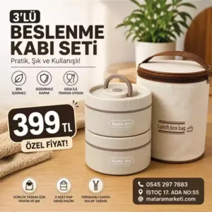 3’lü Beslenme Kabı Seti – 2 Katlı Çelik Lunch Box ve Taşıma Çantası