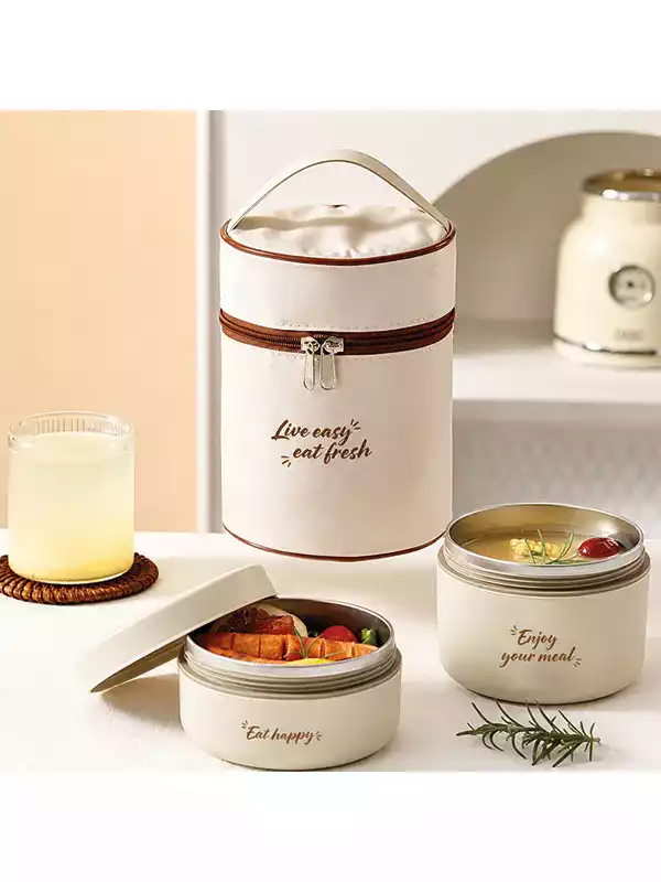 3’lü Beslenme Kabı Seti – 2 Katlı Çelik Lunch Box ve Taşıma Çantası
