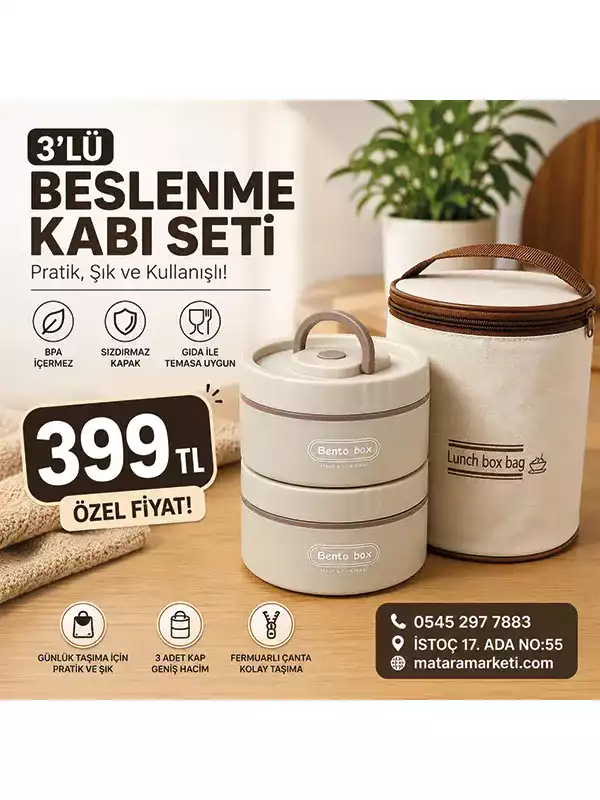 3’lü Beslenme Kabı Seti – 2 Katlı Çelik Lunch Box ve Taşıma Çantası