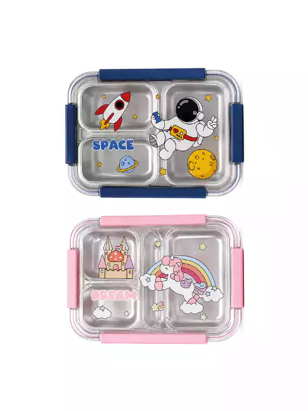 4 Bölmeli Çocuk Beslenme Kabı – Lunch Box | Unicorn ve Uzay Desenli