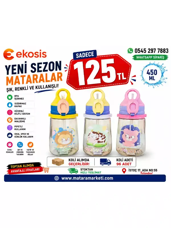 450 ML Pipetli Çocuk Matarası | Kilitli BPA Free Okul Suluğu