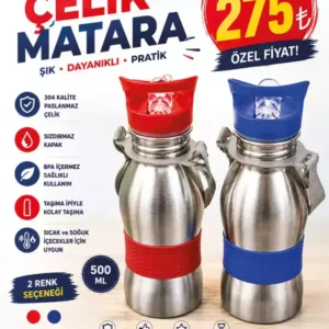 500 ML Çocuk Çelik Matara – 304 Paslanmaz Çelik, Sızdırmaz Kapaklı, Askılı Kırmızı & Mavi