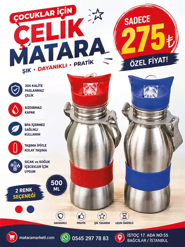 500 ML Çocuk Çelik Matara – 304 Paslanmaz Çelik, Sızdırmaz Kapaklı, Askılı Kırmızı & Mavi