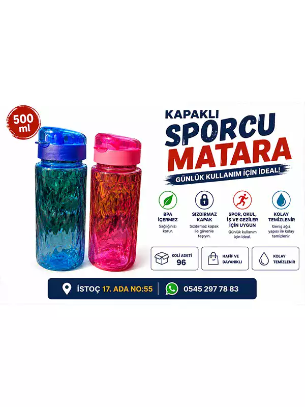 500 ml Kapaklı Sporcu Matarası – Sızdırmaz Su Şişesi