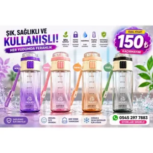 500 ml Pipetli Matara – Kilitli Kapaklı, Taşıma Askılı ve Ölçüm İşaretli Su Matarası