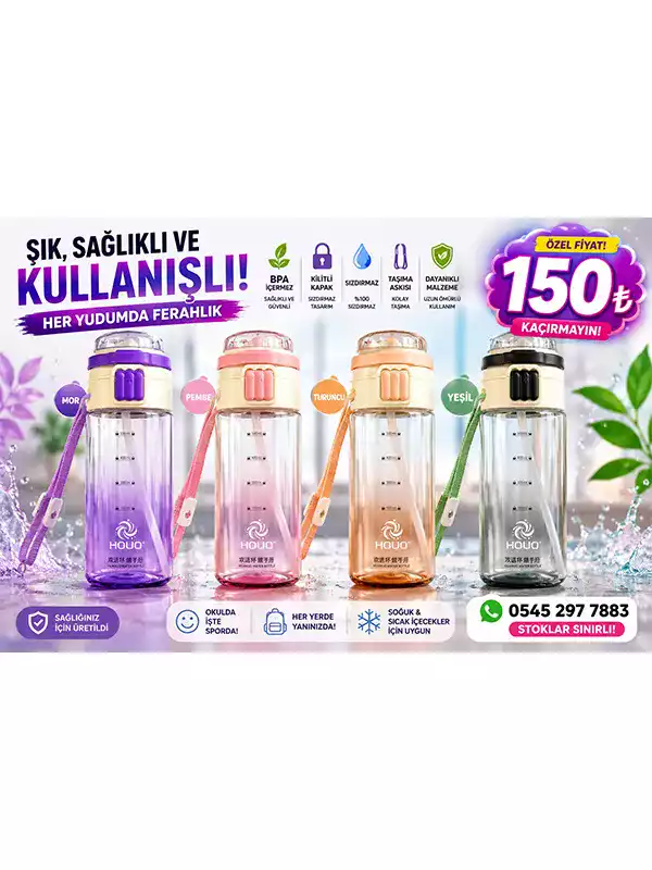 500 ml Pipetli Matara – Kilitli Kapaklı, Taşıma Askılı ve Ölçüm İşaretli Su Matarası