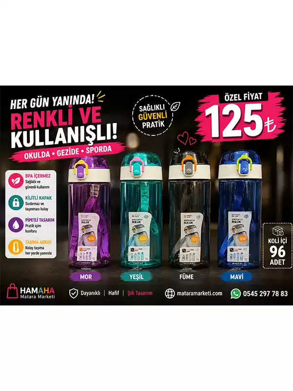 500 ml Spor Matara – Pipetli, Kilitli Kapaklı ve Taşıma Askılı Su Matarası