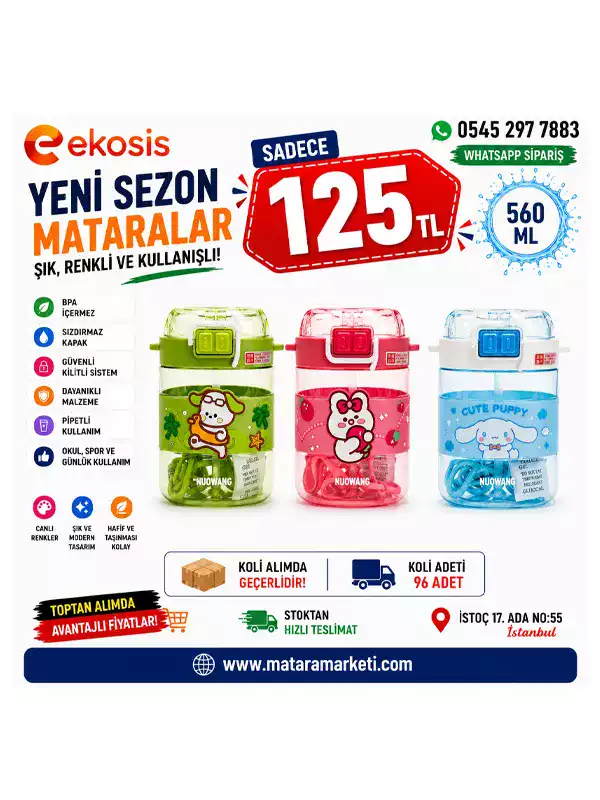560 ML Pipetli Çocuk Matarası | Askılı Kilitli BPA Free Okul Suluğu