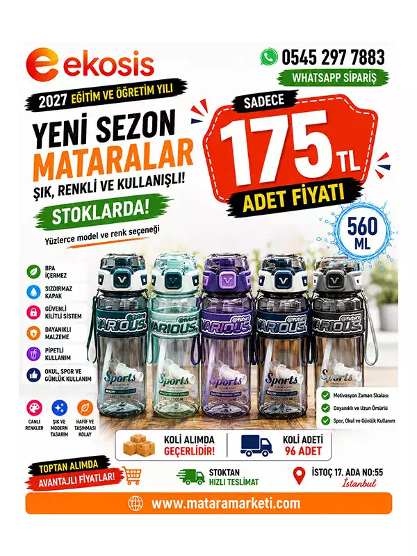 560 ml Spor Matarası – Pipetli, Sızdırmaz Kapaklı, Askılı Su Şişesi