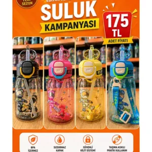 600 ML Astronot Desenli Çocuk Suluğu | Pipetli, Askılı Tritan Matara