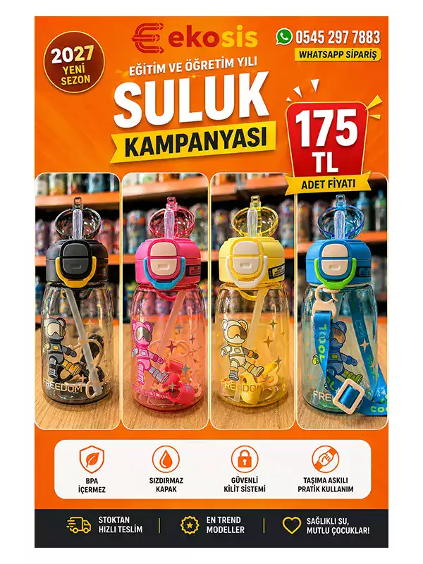 600 ML Astronot Desenli Çocuk Suluğu | Pipetli, Askılı Tritan Matara