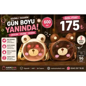 600 ml Ayıcık Desenli Çocuk Matarası – Pipetli Kilitli Kapaklı
