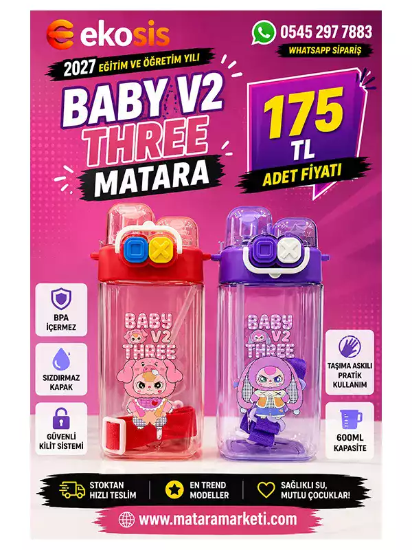 600 ML Baby V2 Three Çocuk Matara | Pipetli Askılı BPA Free Suluk