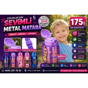 600 ml Çocuk Metal Matara – 304 Paslanmaz Çelik, Silikon Pipetli, Ayarlanabilir Askılı