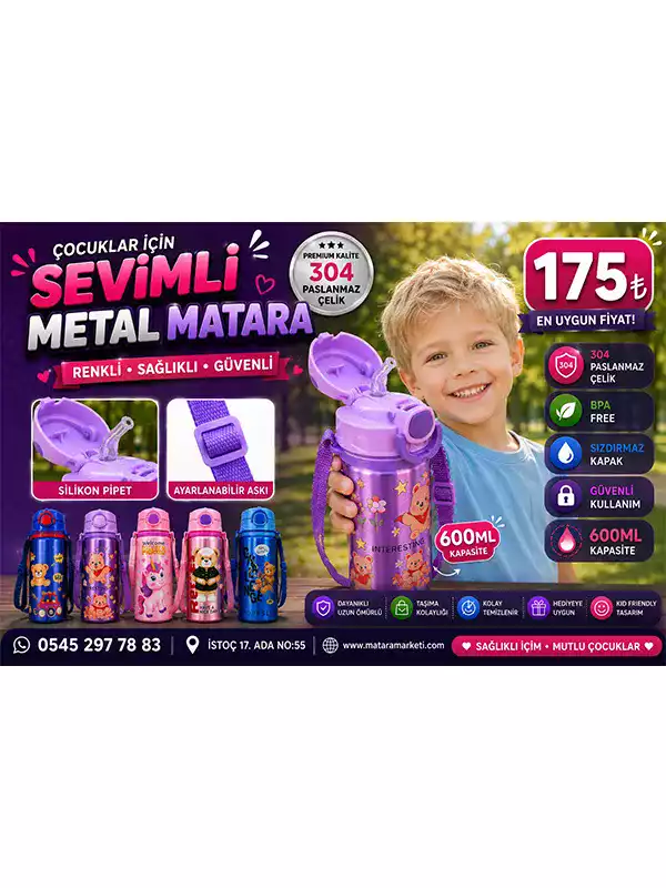600 ml Çocuk Metal Matara – 304 Paslanmaz Çelik, Silikon Pipetli, Ayarlanabilir Askılı