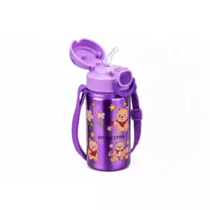 600 ml Çocuk Metal Matara – 304 Paslanmaz Çelik, Silikon Pipetli, Ayarlanabilir Askılı