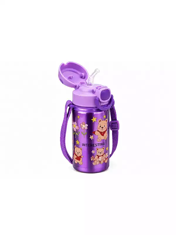 600 ml Çocuk Metal Matara – 304 Paslanmaz Çelik, Silikon Pipetli, Ayarlanabilir Askılı