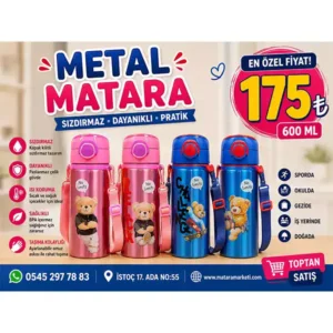 600 ml Çocuk Metal Matara – Ayıcık Desenli, Paslanmaz Çelik, Sızdırmaz ve Askılı