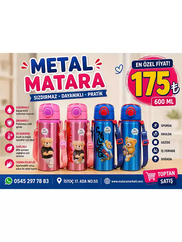 600 ml Çocuk Metal Matara – Ayıcık Desenli, Paslanmaz Çelik, Sızdırmaz ve Askılı