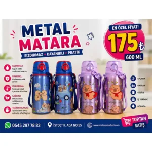 600 ml Çocuk Metal Matara – Ayıcık Desenli, Paslanmaz Çelik, Sızdırmaz ve Askılı