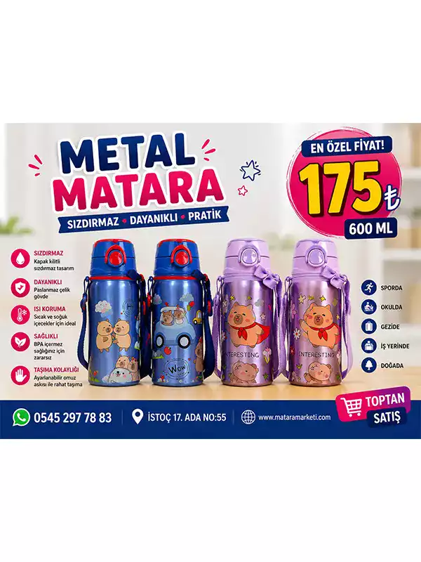 600 ml Çocuk Metal Matara – Ayıcık Desenli, Paslanmaz Çelik, Sızdırmaz ve Askılı