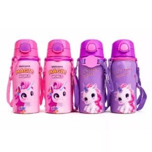 600 ml Çocuk Metal Matara – Paslanmaz Çelik, Sızdırmaz Kapaklı, Askılı Unicorn Desenli