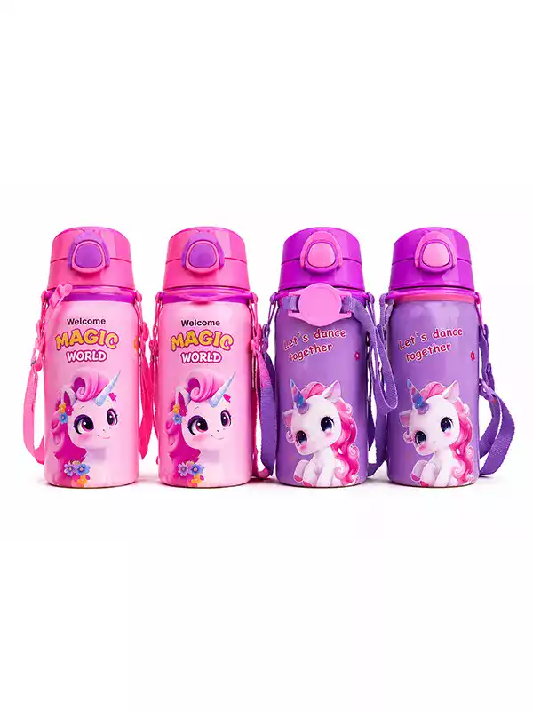 600 ml Çocuk Metal Matara – Paslanmaz Çelik, Sızdırmaz Kapaklı, Askılı Unicorn Desenli