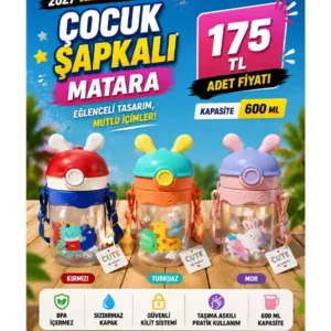 600 ML Çocuk Şapkalı Matara | Askılı Pipetli Tritan Suluk | BPA Free