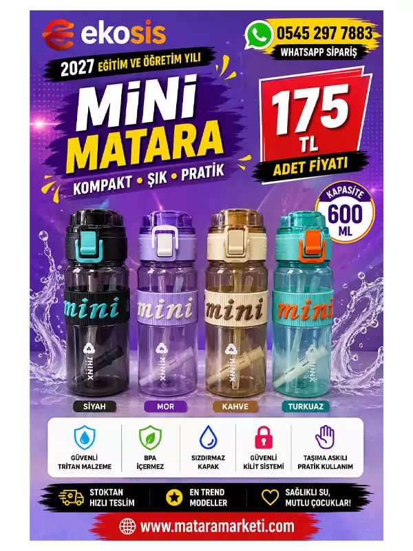600 ML Mini Tritan Matara | Pipetli BPA Free Askılı Spor Suluk
