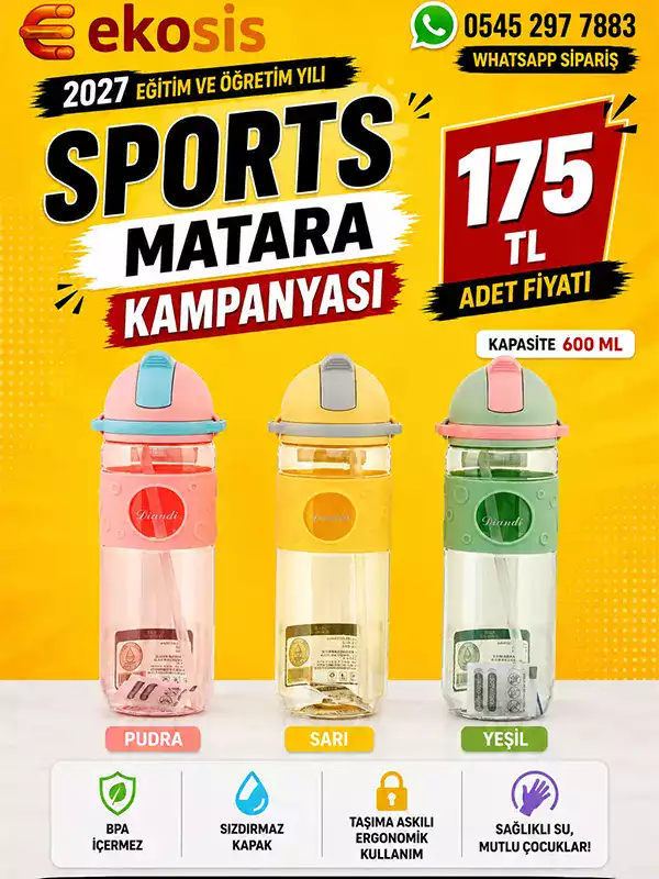 600 ML Spor Çocuk Matarası Pipetli BPA Free Tritan Suluk Askılı Renkli Model