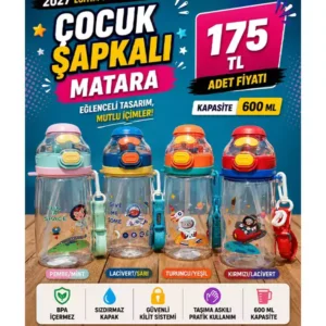 600 ML Uzay Temalı Çocuk Şapkalı Matara | Pipetli Askılı BPA Free Suluk
