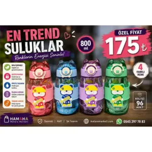 800 ml Çocuk Pipetli Matara – Ayıcık Figürlü Kilitli Kapaklı Suluk
